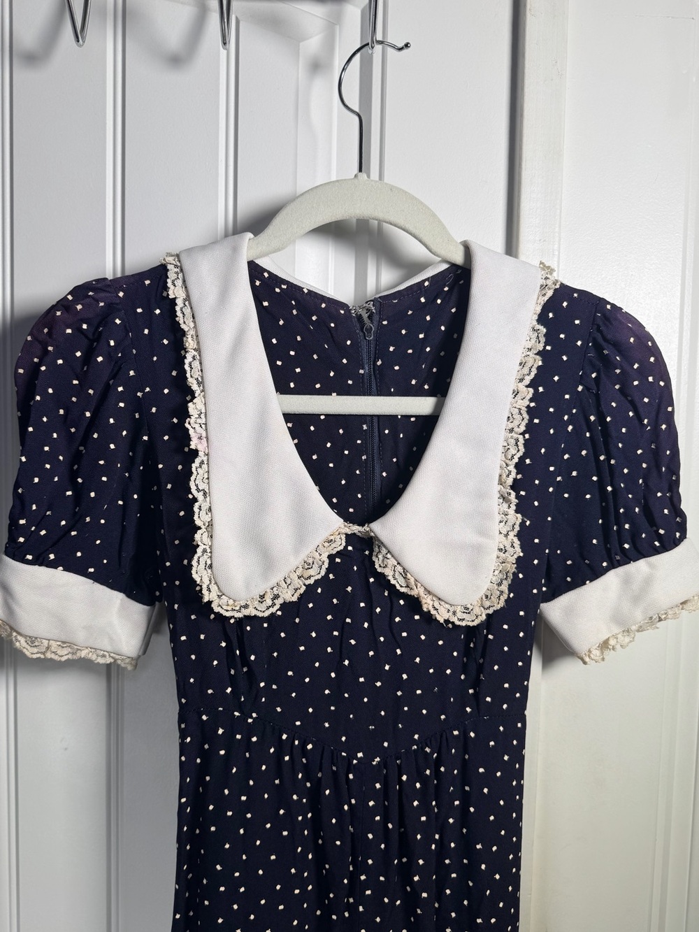 VTG Prairie Maxi Dress XS/S Navy Dot Peter Pan Collar Puff Sleeve Cottagecore
